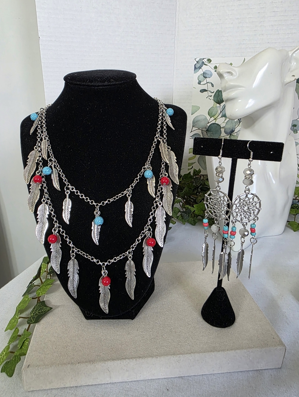 Festival Ready! Dreamcatcher Earrings & Double Layer Feather Necklace